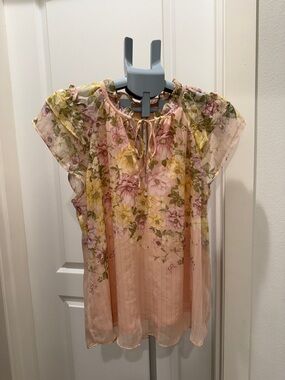 Peach Floral Short-Sleeve Tie-Neck Blouse